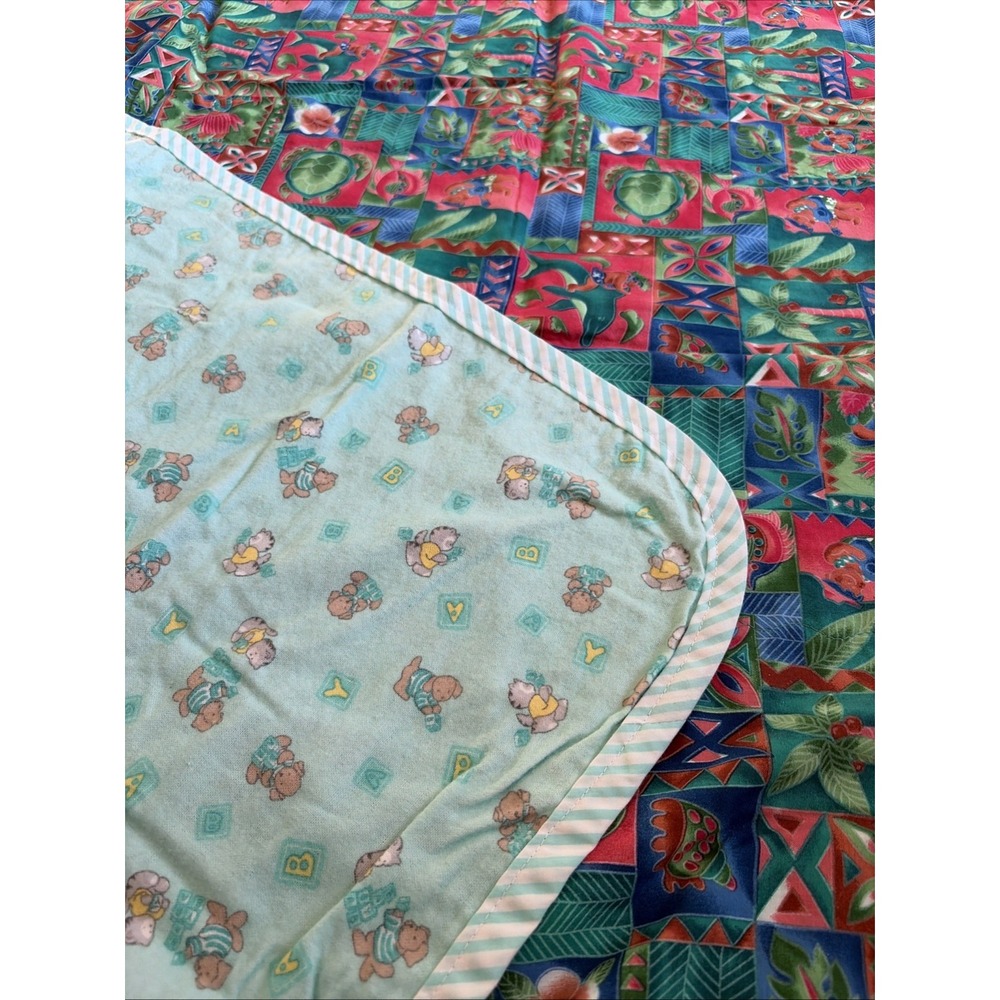 Vintage Double‎ Sided Baby/ Toddler Blanket Teal Green ABC Teddy Bear Turtle